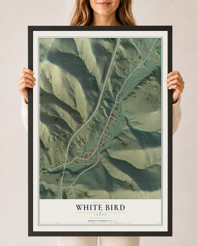 Map of White Bird, Idaho, 24 x 36 inch print in a black wood frame