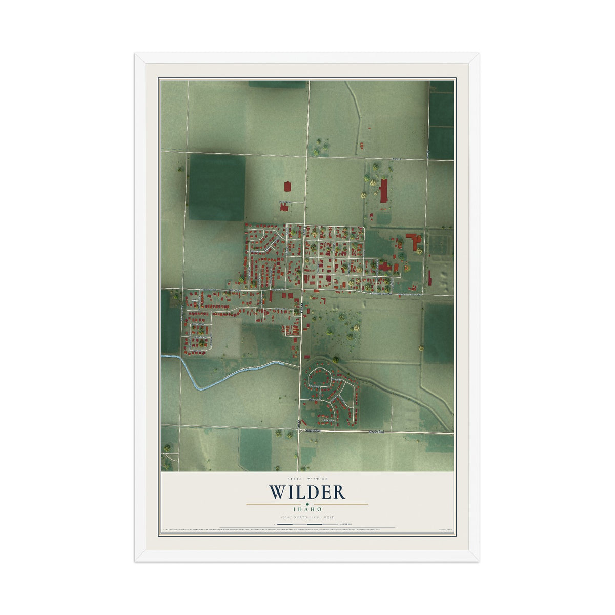 Map of Wilder, Idaho, 12 x 18 inch print in a white wood frame