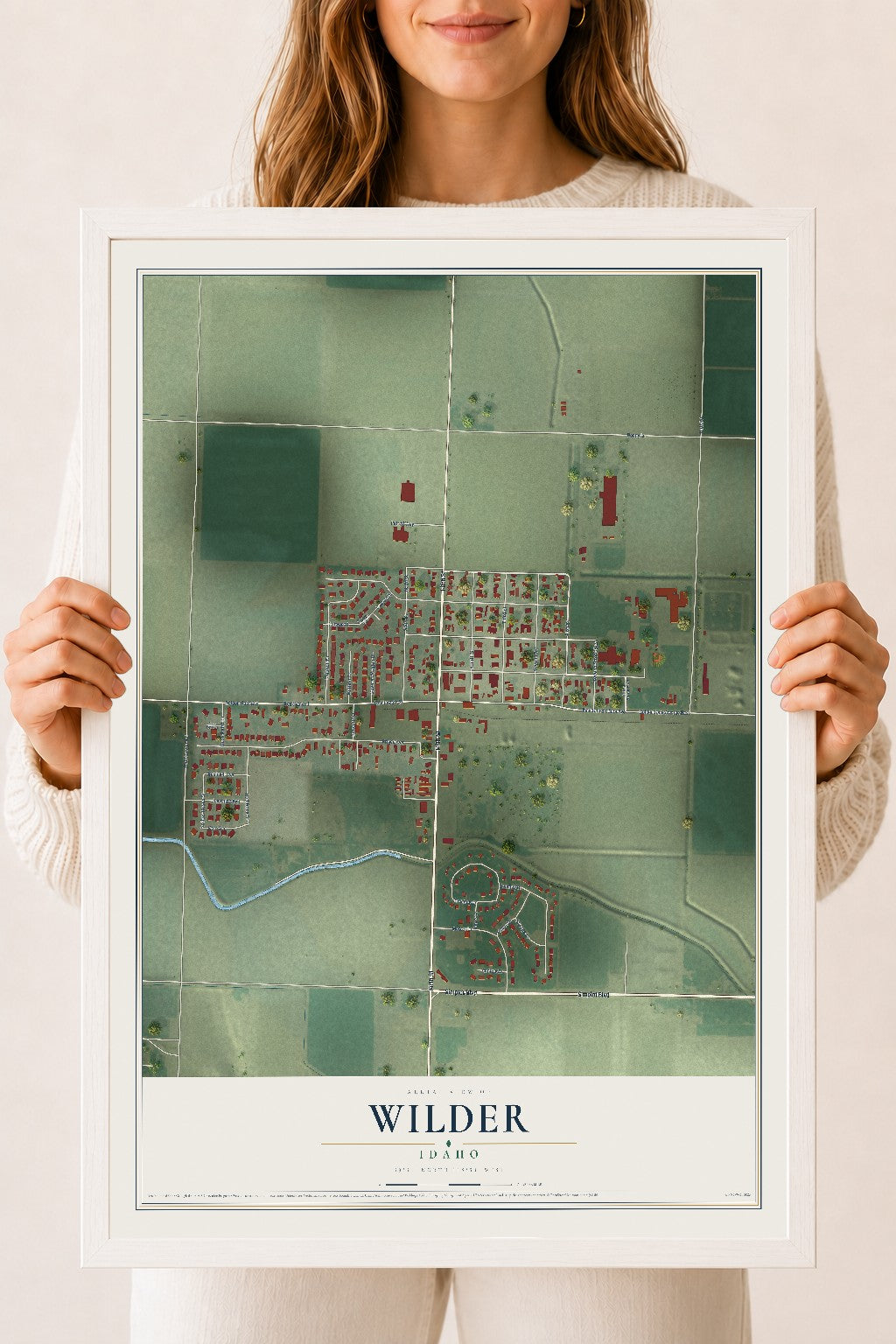 Map of Wilder, Idaho, 18 x 24 inch print in a white wood frame