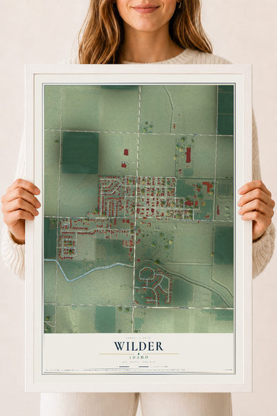Map of Wilder, Idaho, 18 x 24 inch print in a white wood frame