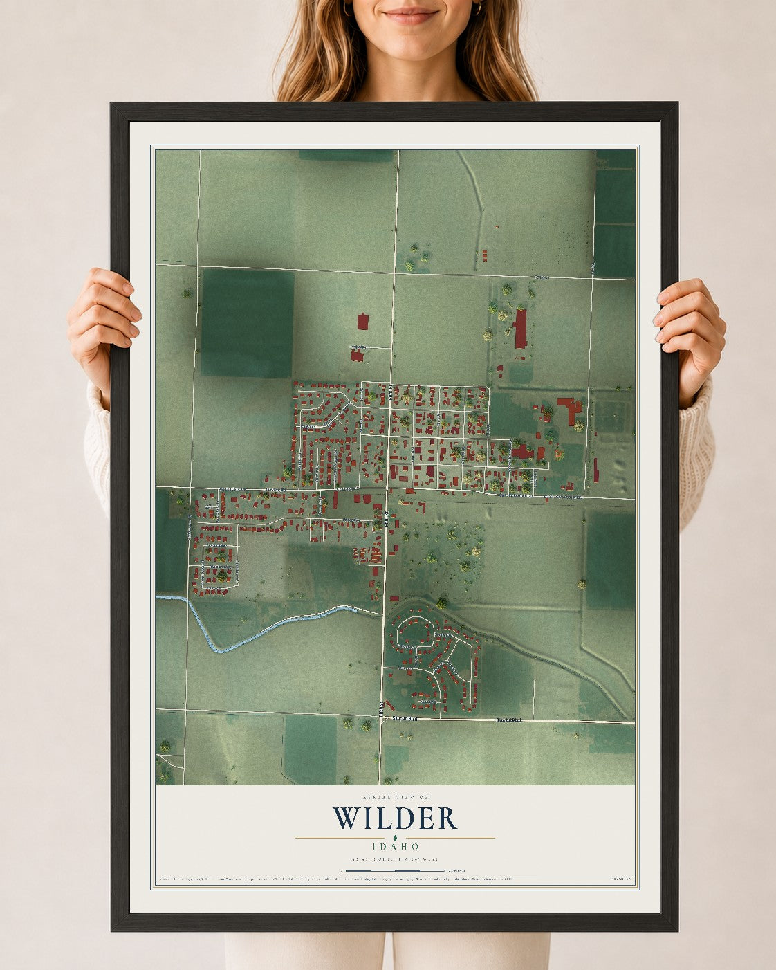 Map of Wilder, Idaho, 24 x 36 inch print in a black wood frame