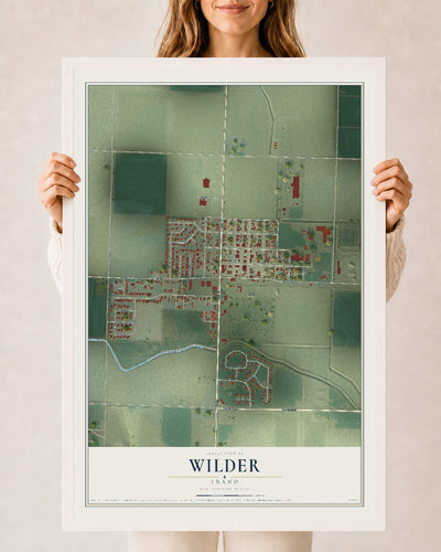Map of Wilder, Idaho, 24 x 36 inch print in a white wood frame