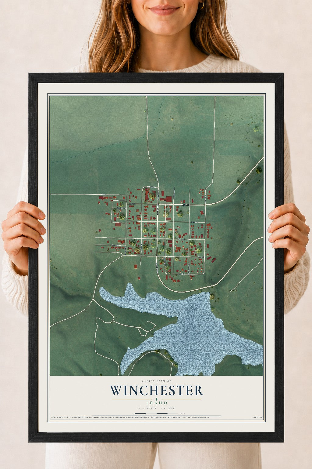 Map of Winchester, Idaho, 18 x 24 inch print in a black wood frame