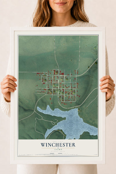 Map of Winchester, Idaho, 18 x 24 inch print in a white wood frame