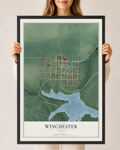 Map of Winchester, Idaho, 24 x 36 inch print in a black wood frame