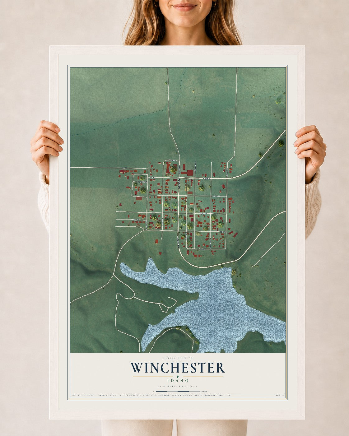Map of Winchester, Idaho, 24 x 36 inch print in a white wood frame
