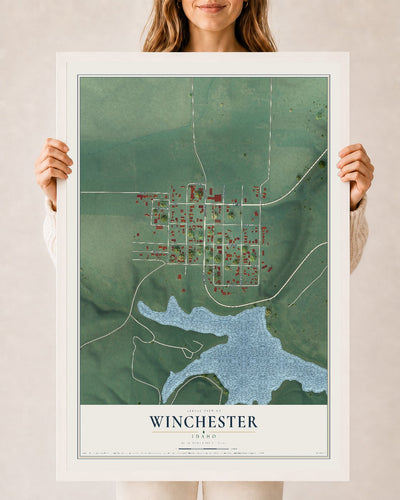 Map of Winchester, Idaho, 24 x 36 inch print in a white wood frame