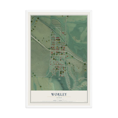 Map of Worley, Idaho, 12 x 18 inch print in a white wood frame