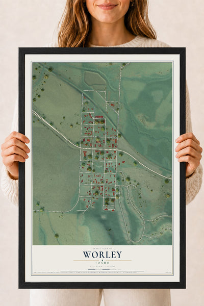 Map of Worley, Idaho, 18 x 24 inch print in a black wood frame