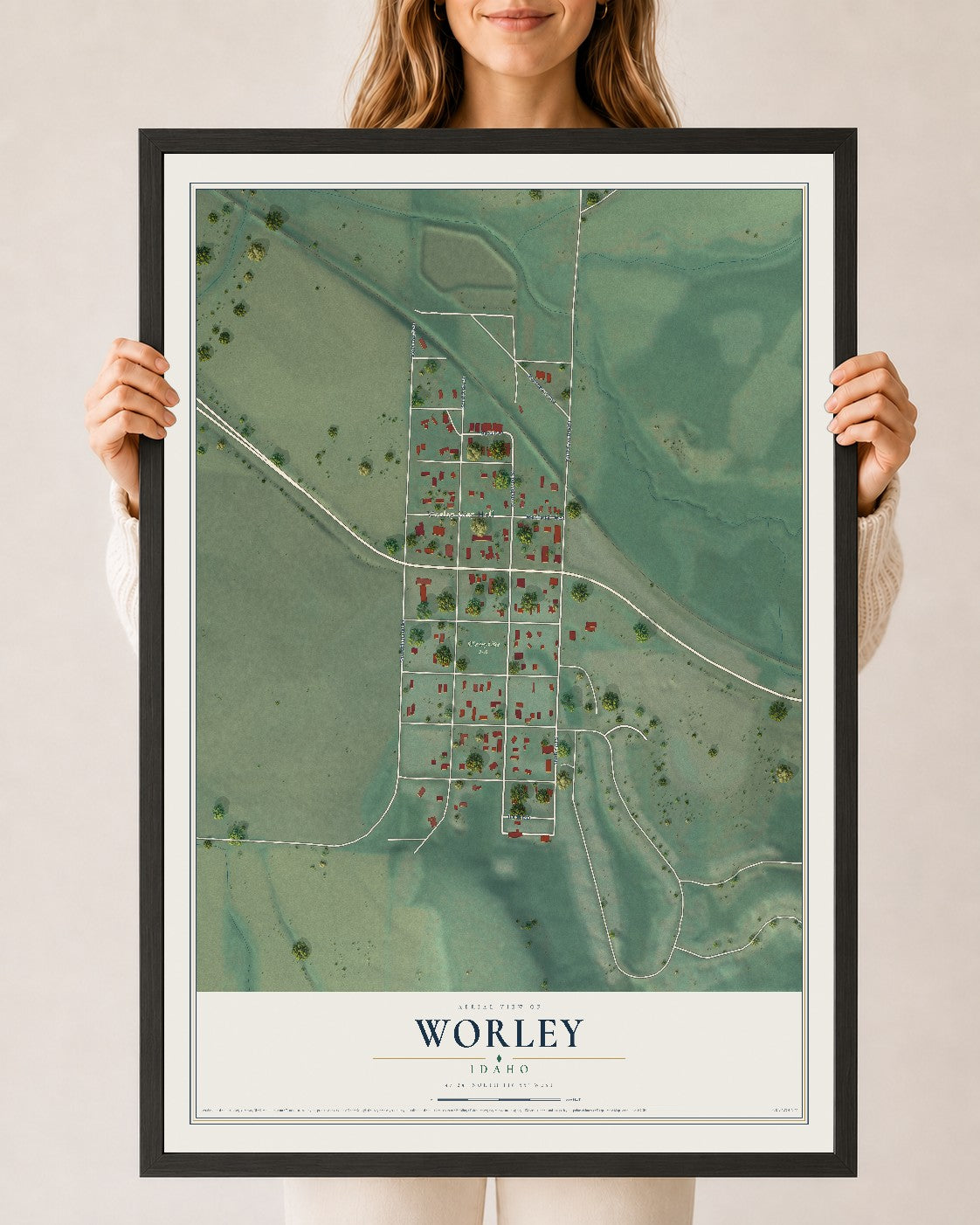 Map of Worley, Idaho, 24 x 36 inch print in a black wood frame