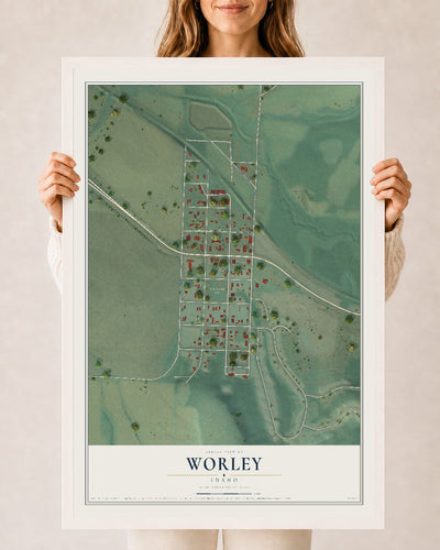 Map of Worley, Idaho, 24 x 36 inch print in a white wood frame