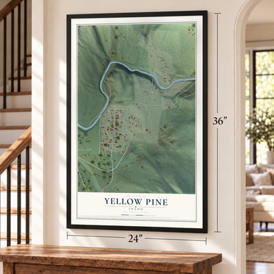 Yellow Pine, Idaho map, 24 x 36 inch print in a black frame by a staircase