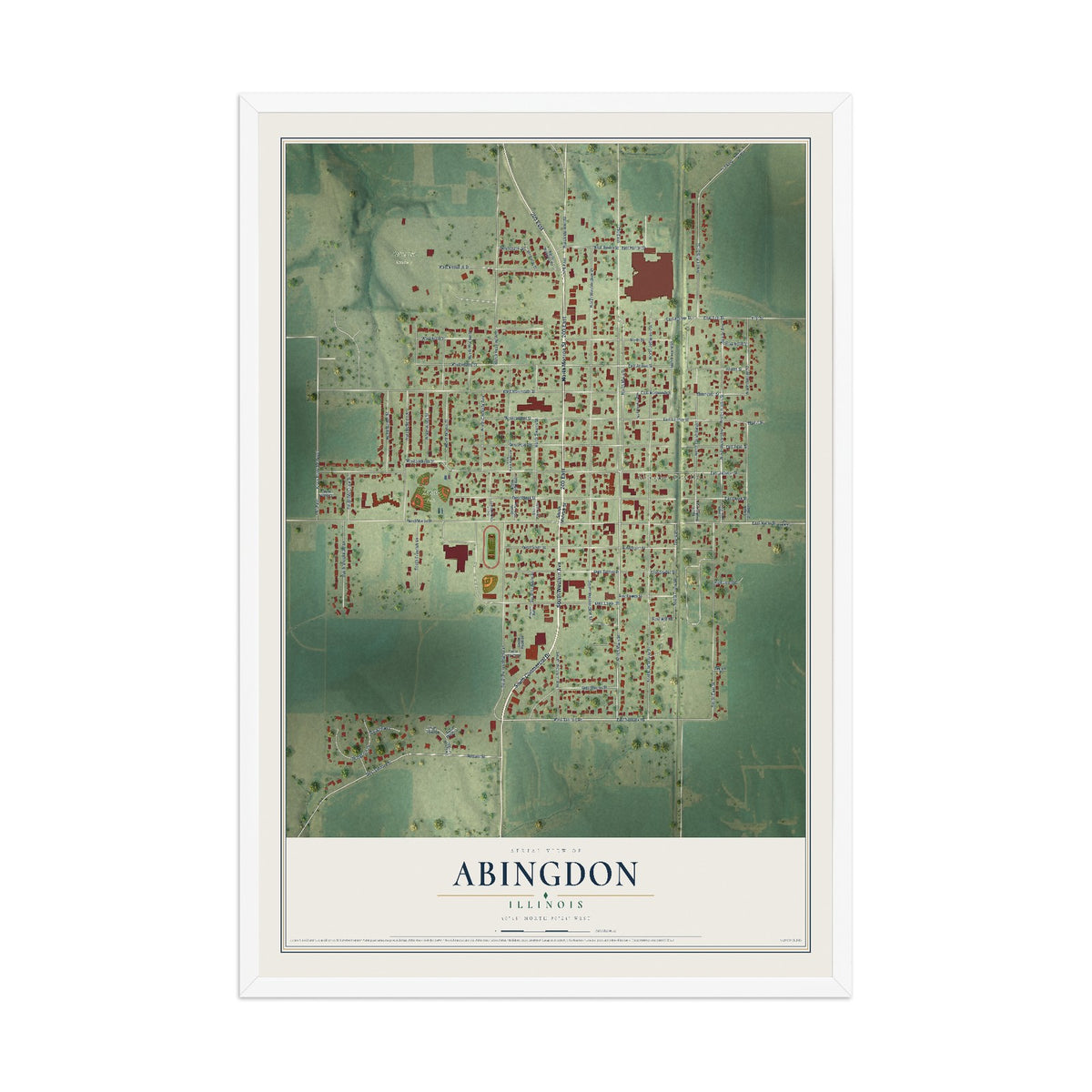 Map of Abingdon, Illinois, 12 x 18 inch print in a white wood frame