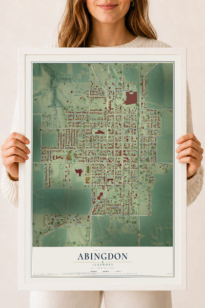 Map of Abingdon, Illinois, 18 x 24 inch print in a white wood frame