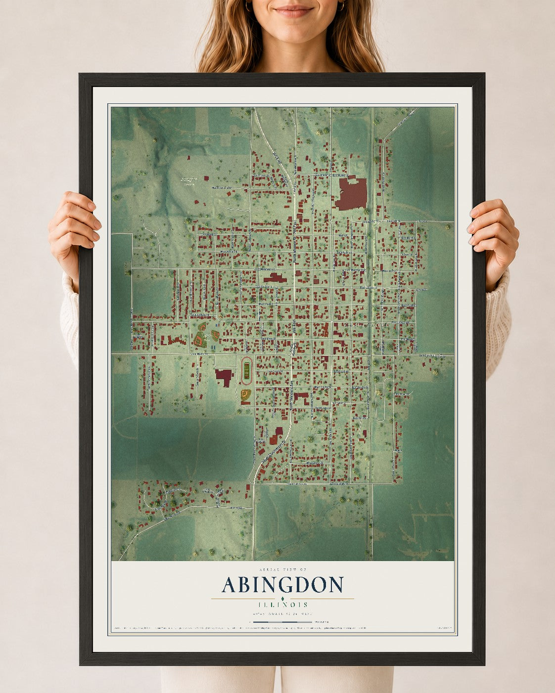 Map of Abingdon, Illinois, 24 x 36 inch print in a black wood frame