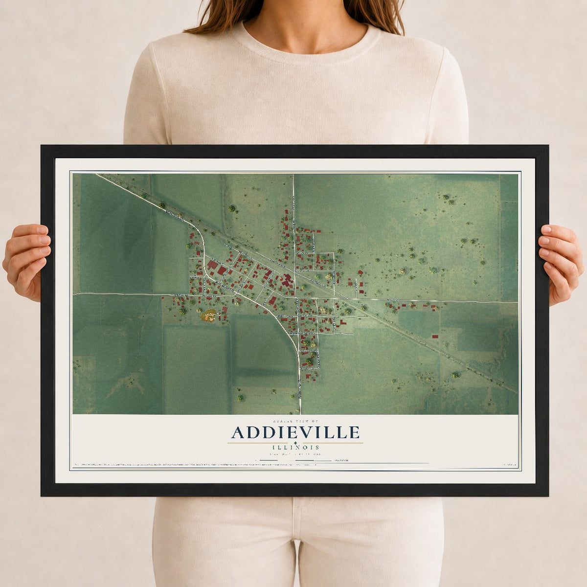 Map of Addieville, Illinois, 12 x 18 inch print in a black wood frame