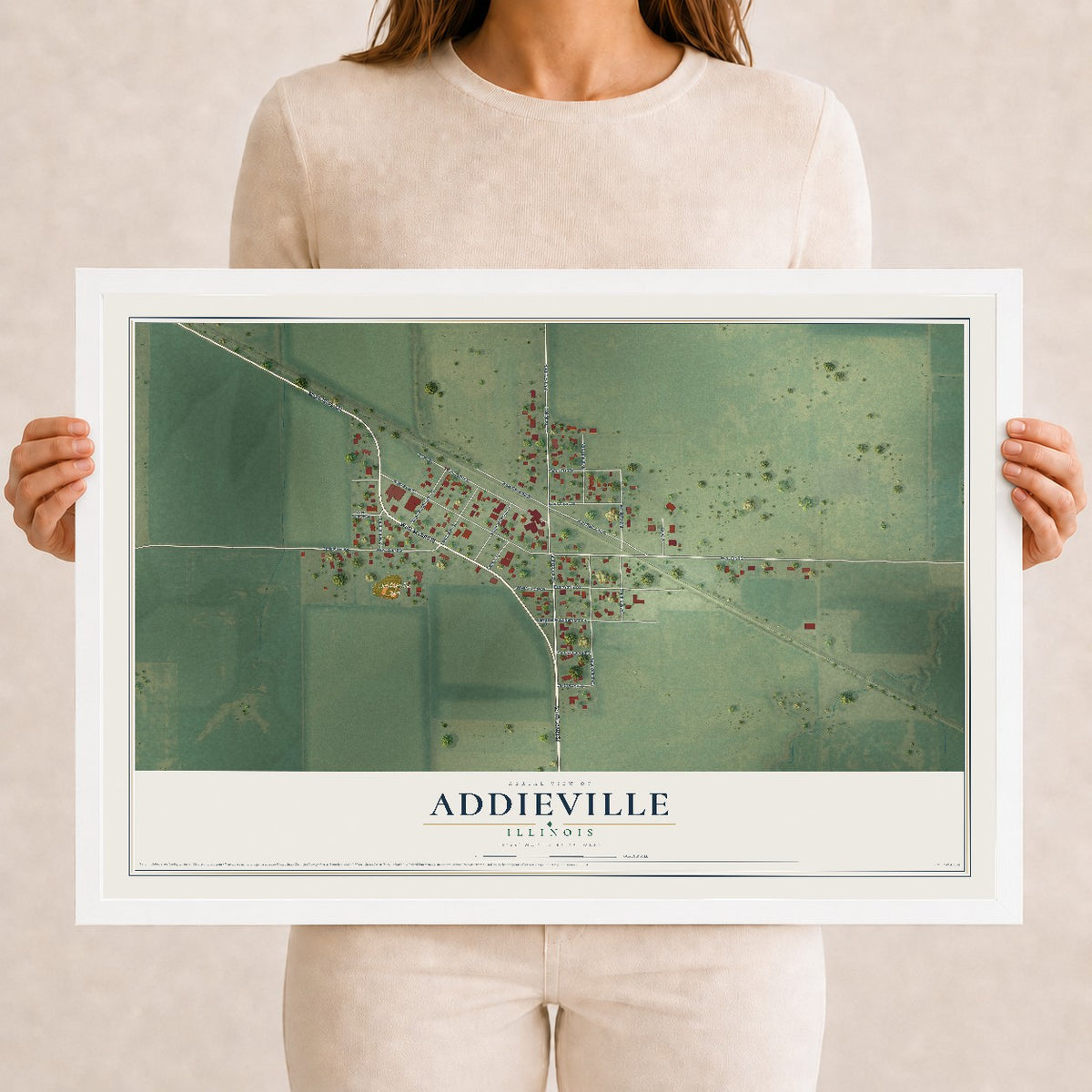 Map of Addieville, Illinois, 12 x 18 inch print in a white wood frame