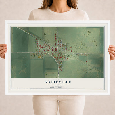 Map of Addieville, Illinois, 18 x 24 inch print in a white wood frame