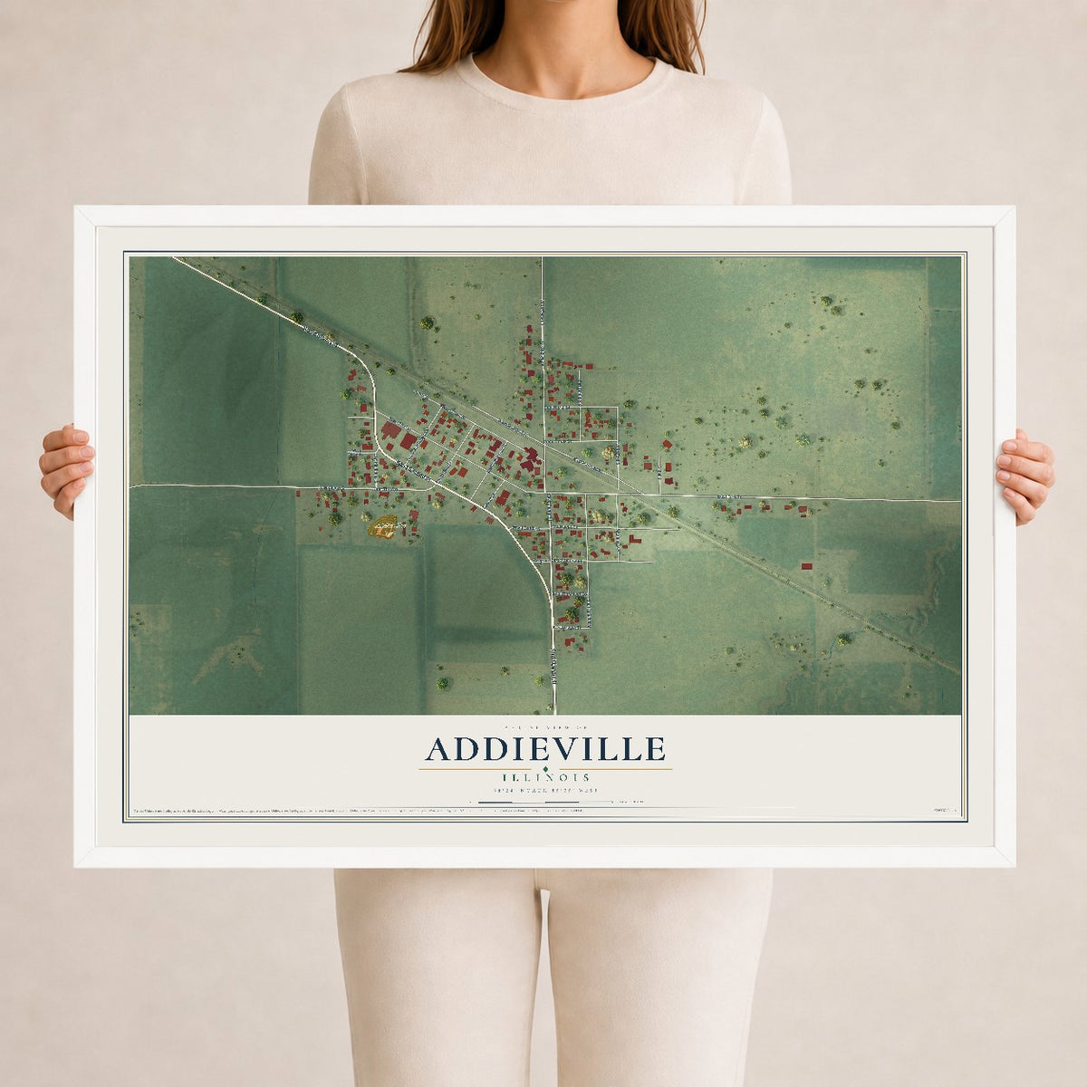 Map of Addieville, Illinois, 24 x 36 inch print in a white wood frame