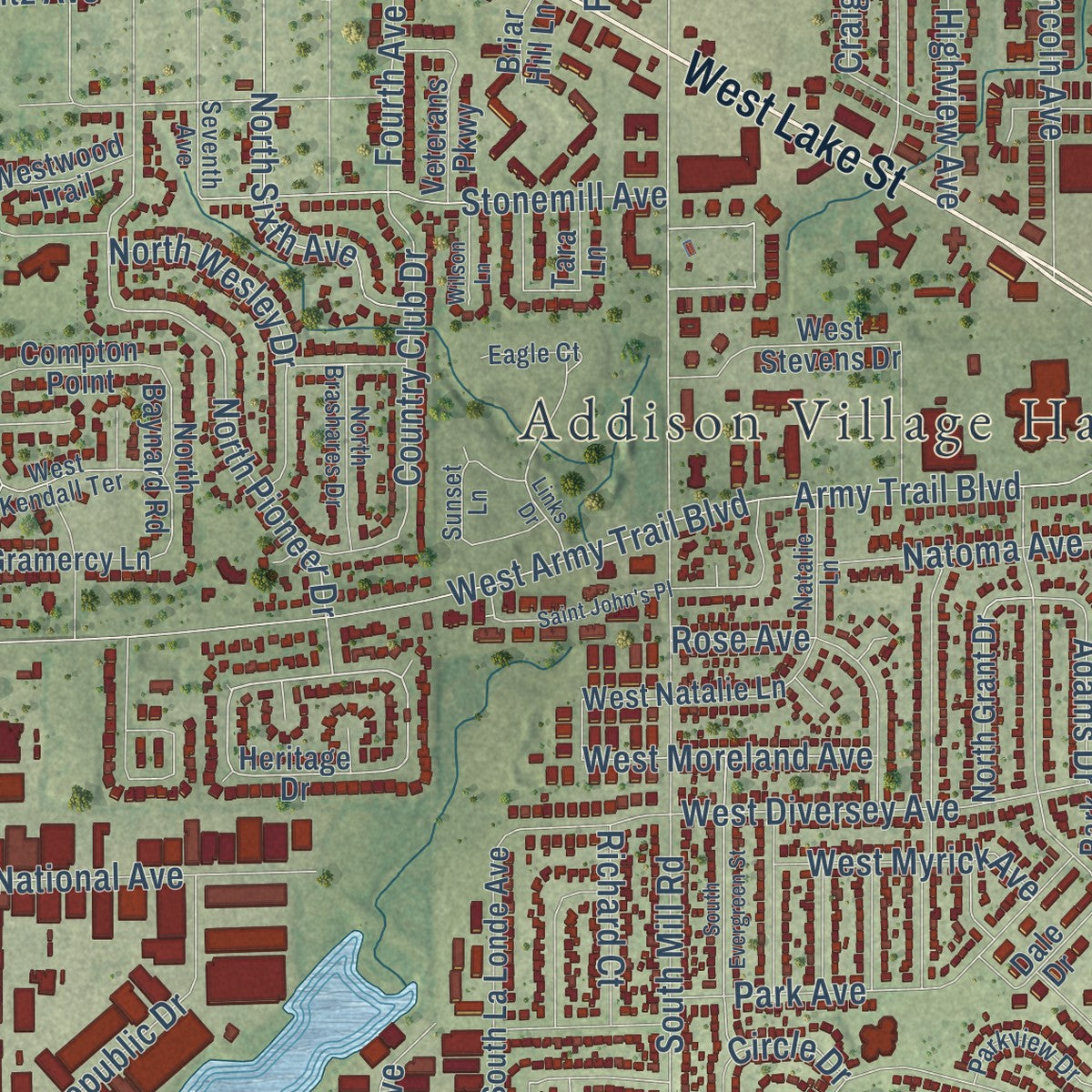 Close-up of the map of Addison, Illinois print showing street and building detail