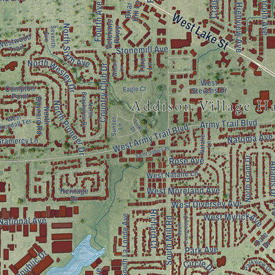 Close-up of the map of Addison, Illinois print showing street and building detail