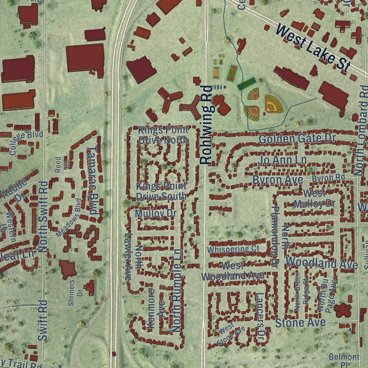 Second close-up of the map of Addison, Illinois print showing more streets and buildings