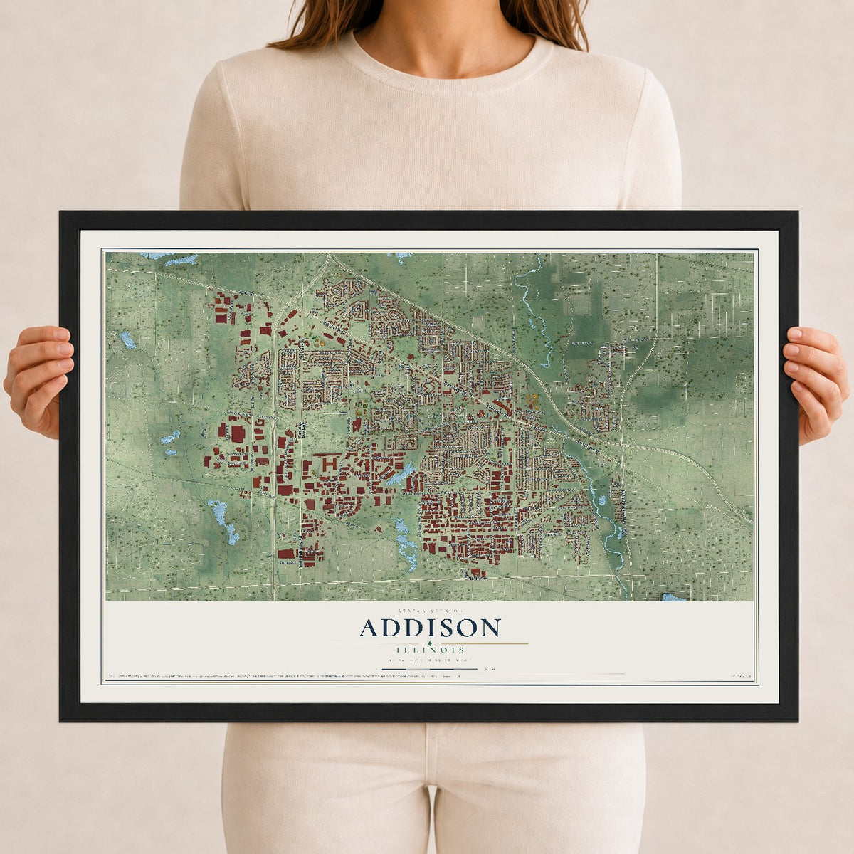 Map of Addison, Illinois, 12 x 18 inch print in a black wood frame