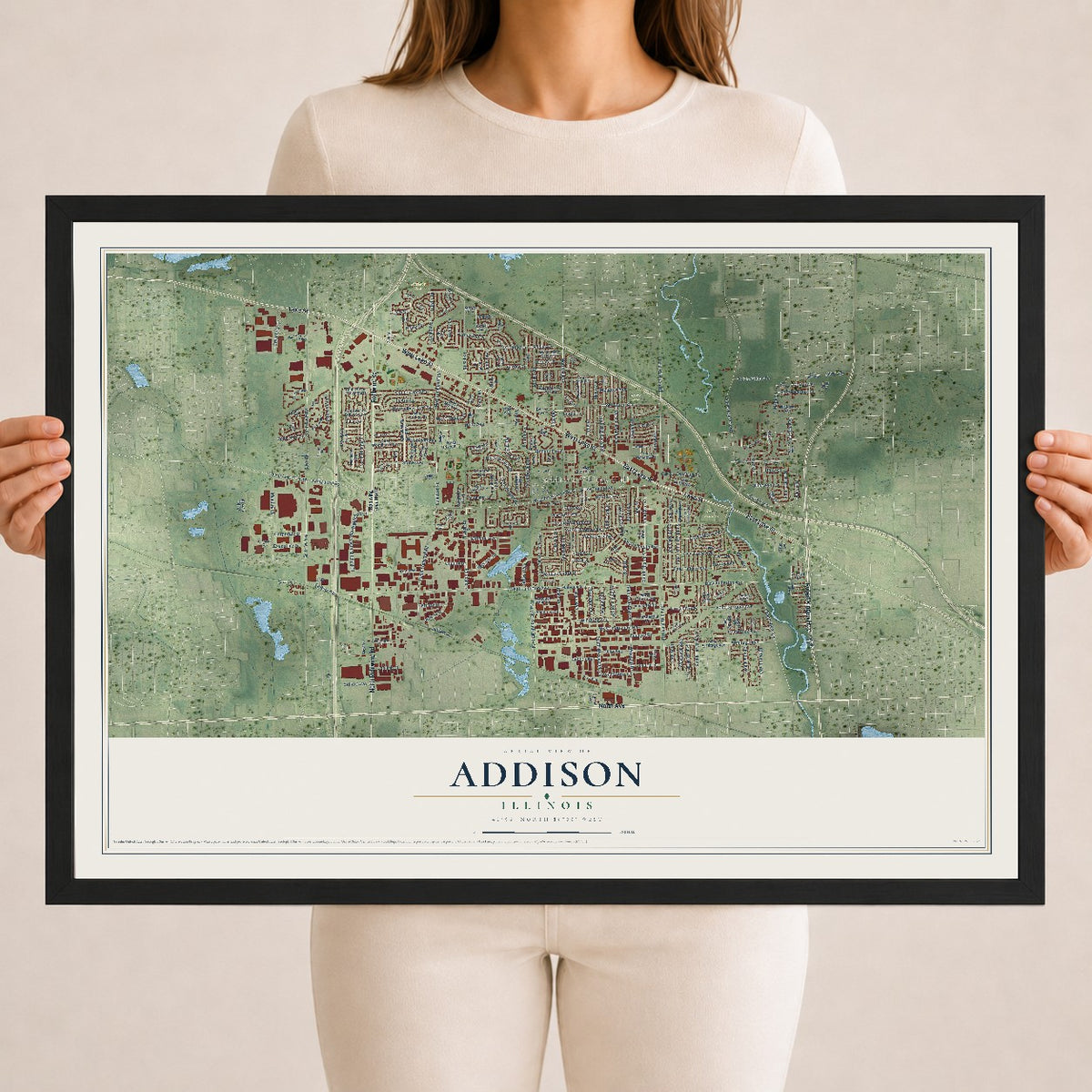 Map of Addison, Illinois, 18 x 24 inch print in a black wood frame