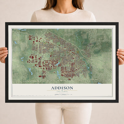 Map of Addison, Illinois, 18 x 24 inch print in a black wood frame