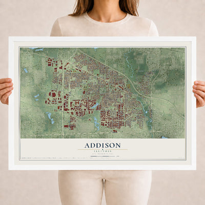 Map of Addison, Illinois, 18 x 24 inch print in a white wood frame