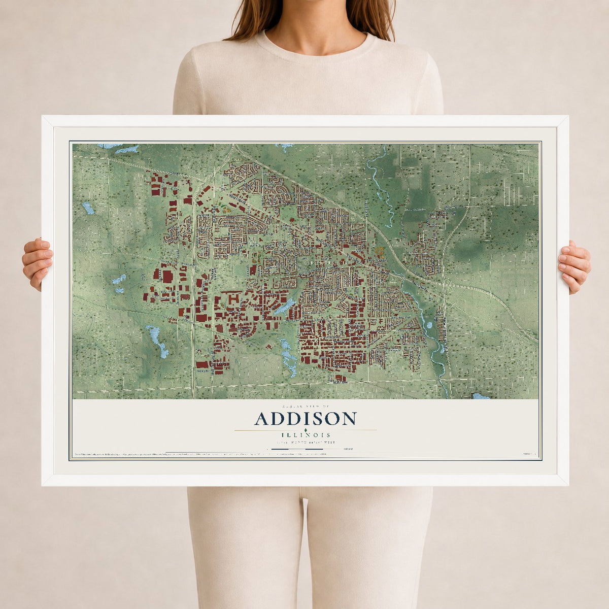 Map of Addison, Illinois, 24 x 36 inch print in a white wood frame