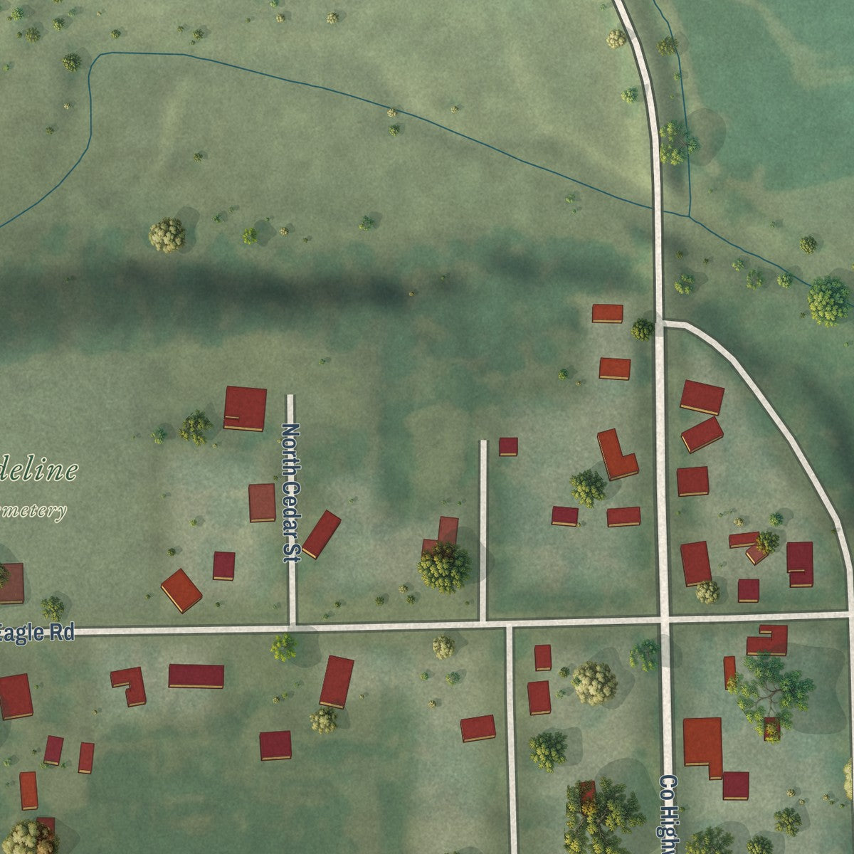 Close-up of the map of Adeline, Illinois print showing street and building detail
