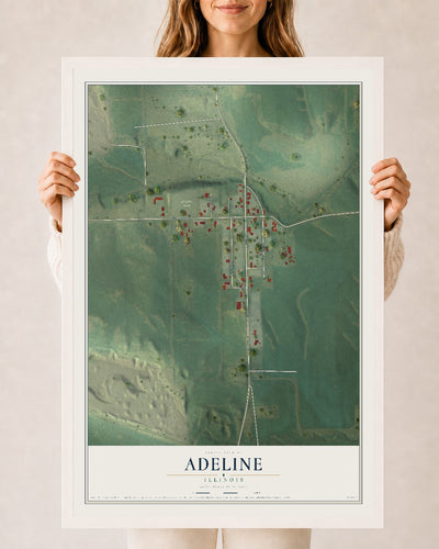 Map of Adeline, Illinois, 24 x 36 inch print in a white wood frame