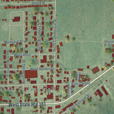 Close-up of the map of Albers, Illinois print showing street and building detail