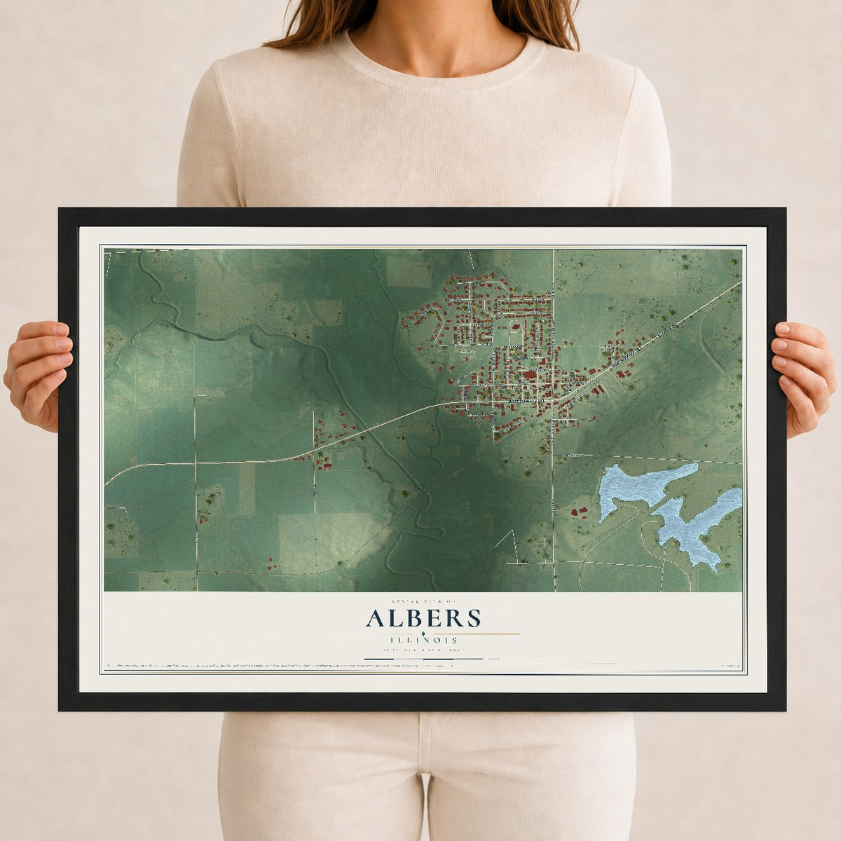 Map of Albers, Illinois, 12 x 18 inch print in a black wood frame