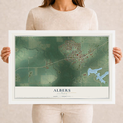 Map of Albers, Illinois, 12 x 18 inch print in a white wood frame