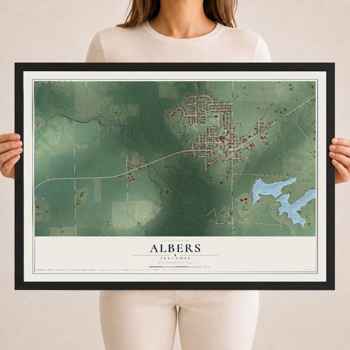 Map of Albers, Illinois, 18 x 24 inch print in a black wood frame