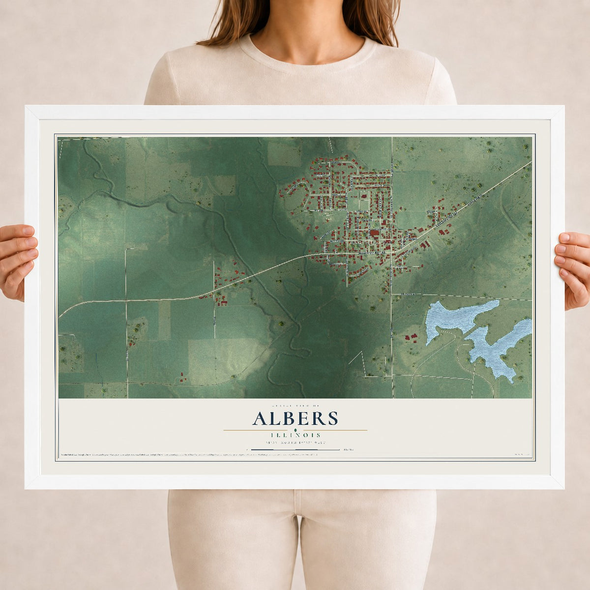 Map of Albers, Illinois, 18 x 24 inch print in a white wood frame