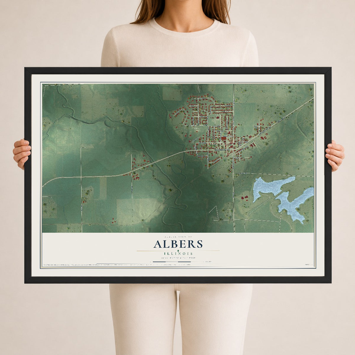 Map of Albers, Illinois, 24 x 36 inch print in a black wood frame
