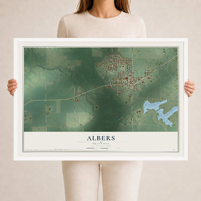 Map of Albers, Illinois, 24 x 36 inch print in a white wood frame