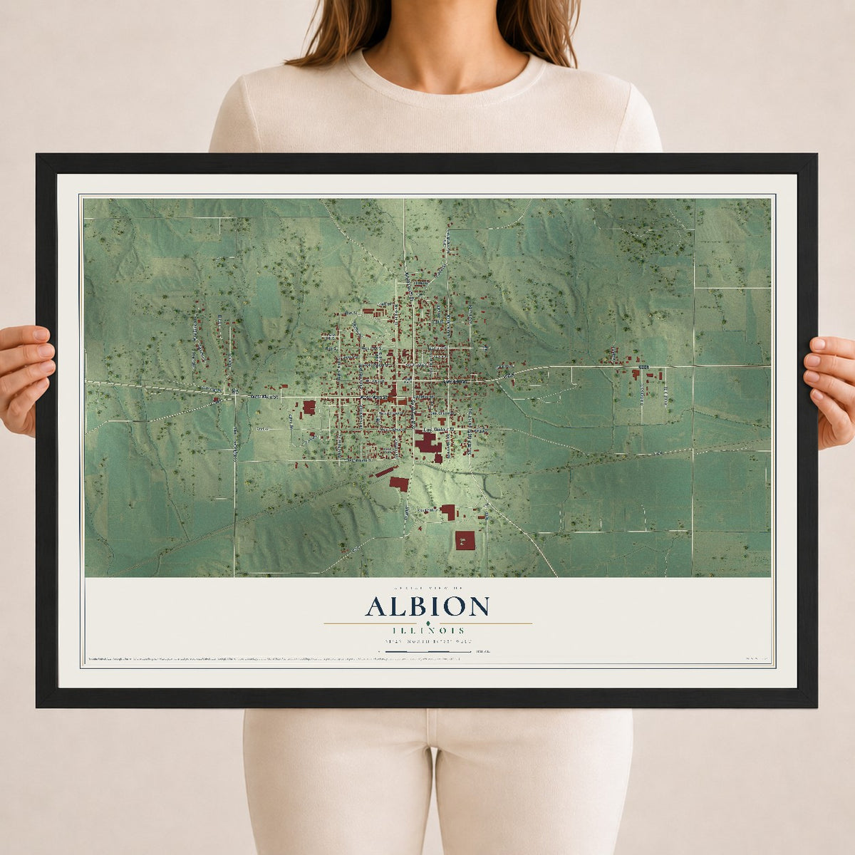 Map of Albion, Illinois, 18 x 24 inch print in a black wood frame