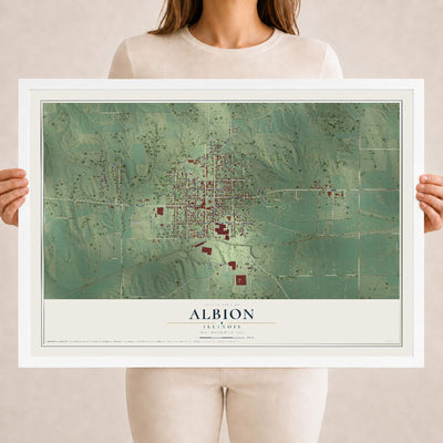 Map of Albion, Illinois, 18 x 24 inch print in a white wood frame