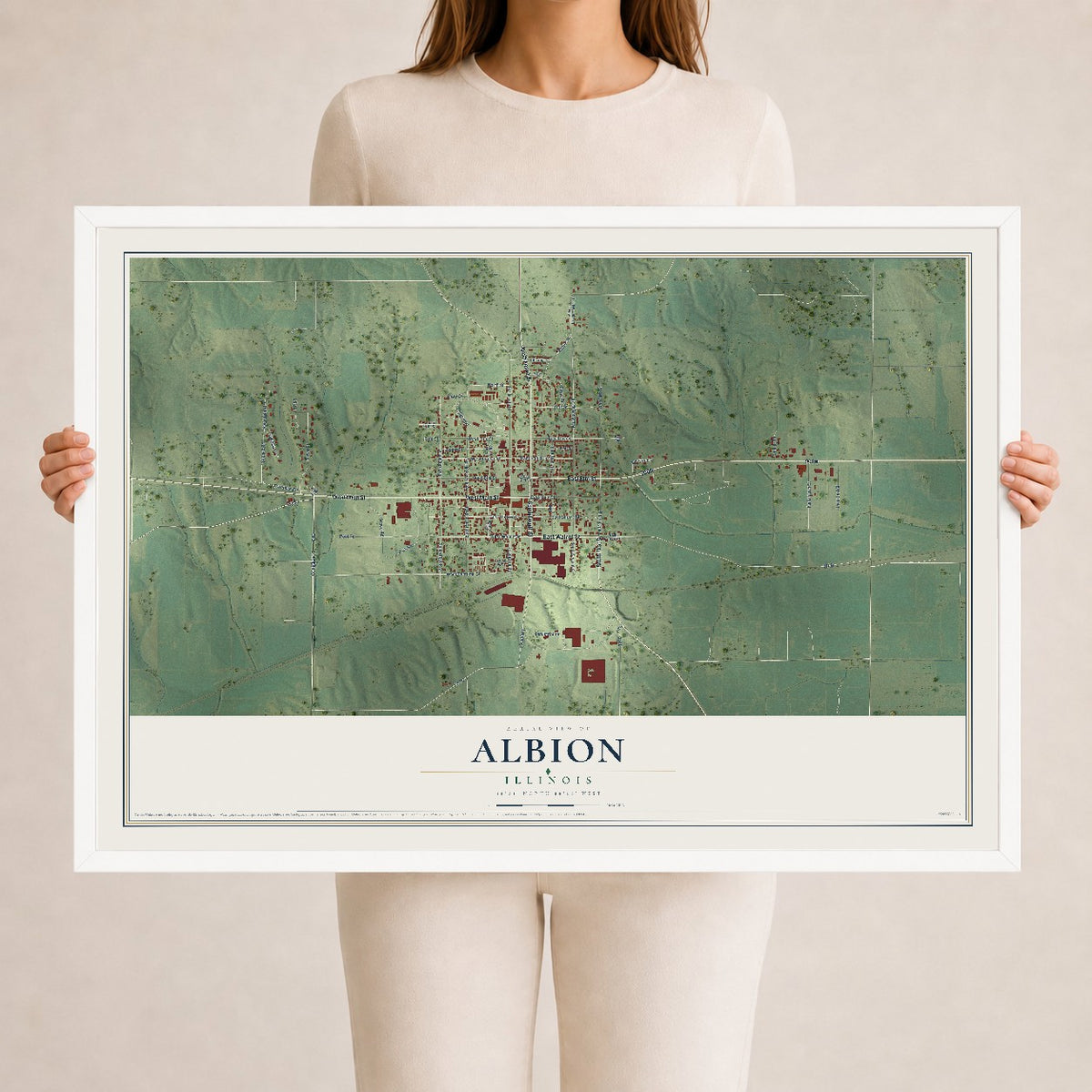 Map of Albion, Illinois, 24 x 36 inch print in a white wood frame