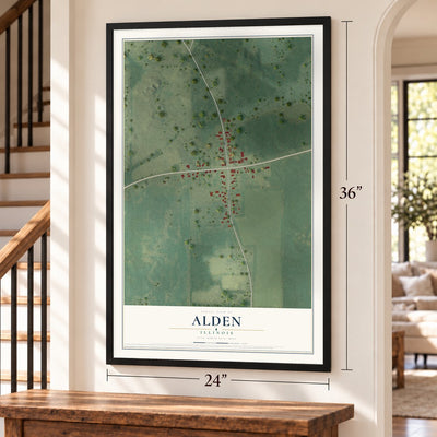 Alden, Illinois map, 24 x 36 inch print in a black frame by a staircase