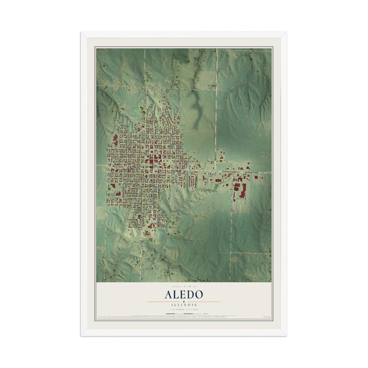 Map of Aledo, Illinois, 12 x 18 inch print in a white wood frame