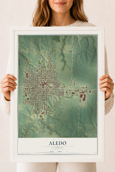 Map of Aledo, Illinois, 18 x 24 inch print in a white wood frame