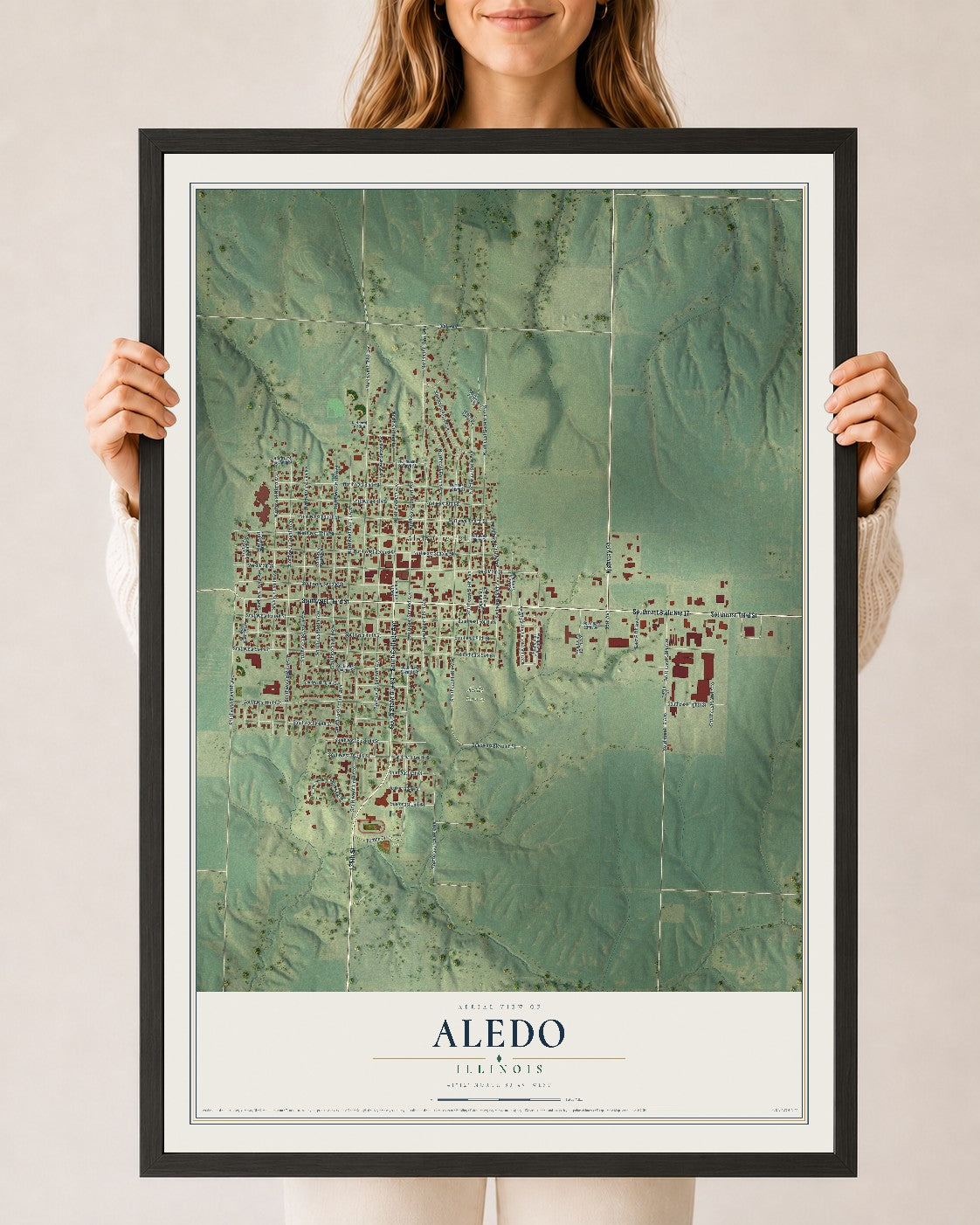 Map of Aledo, Illinois, 24 x 36 inch print in a black wood frame