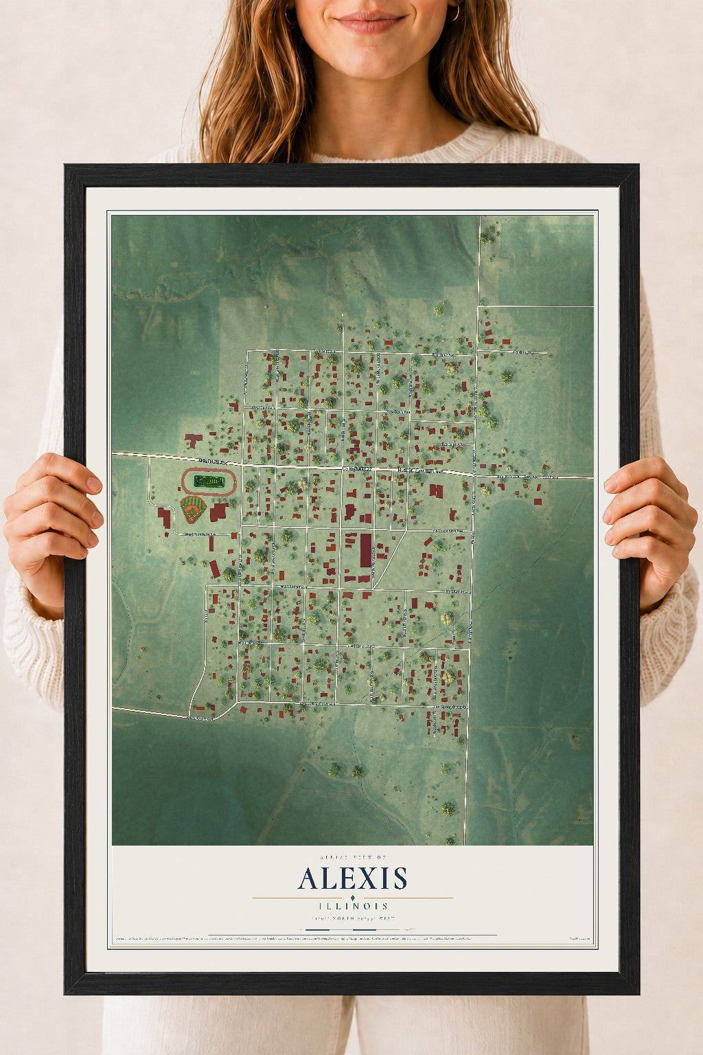 Map of Alexis, Illinois, 18 x 24 inch print in a black wood frame