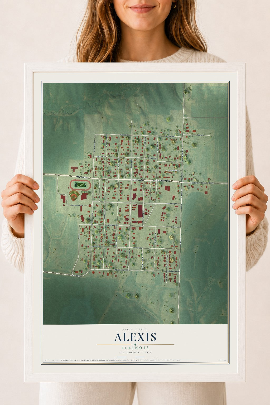 Map of Alexis, Illinois, 18 x 24 inch print in a white wood frame