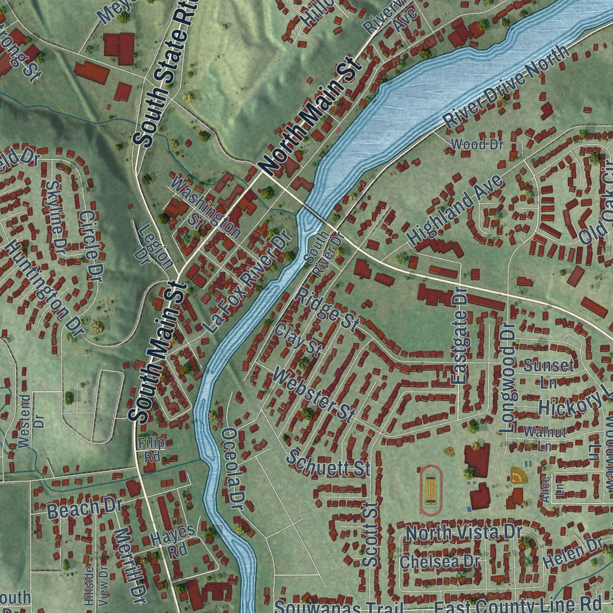 Second close-up of the map of Algonquin, Illinois print showing more streets and buildings